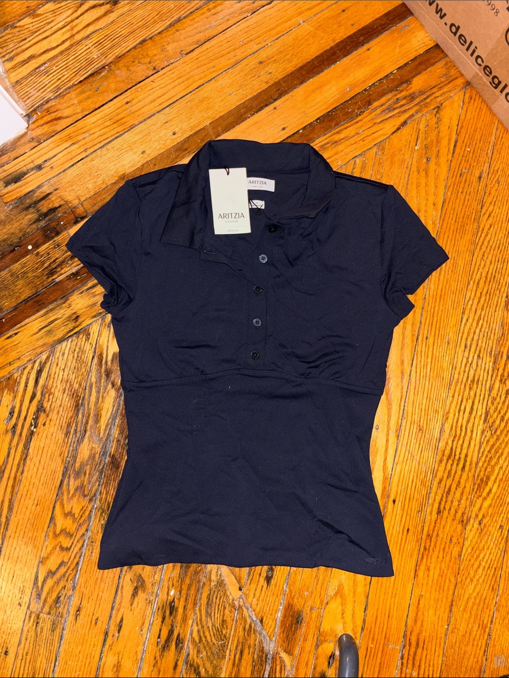 Aritzia Navy Short-Sleeve Polo Button-Down Top